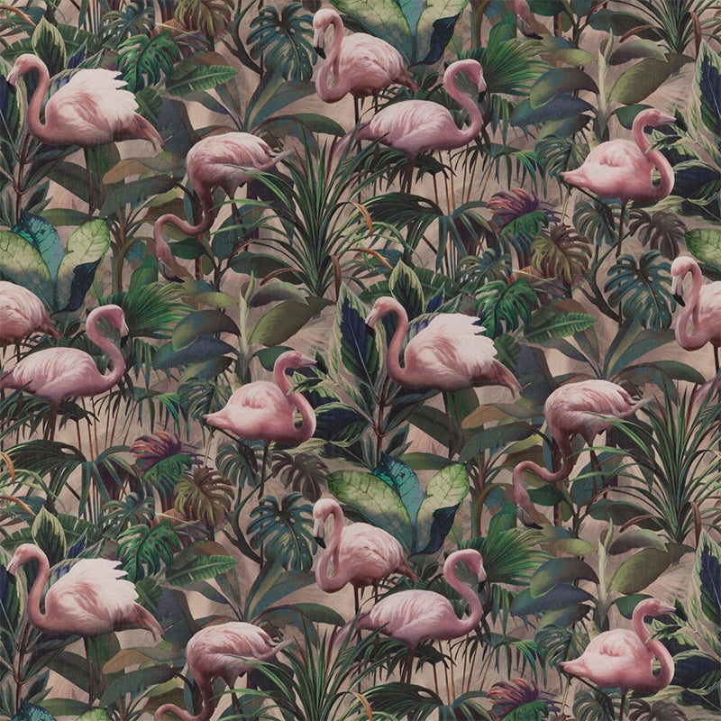 Flamingo Botanico – ausgefallener Vorhang nach Maß mit exotischem Flamingo- und Blätterdesign Leinenmischung, 3 Farben