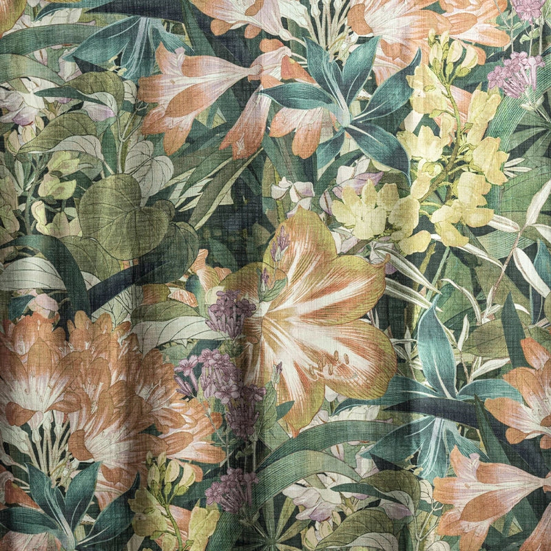 Sea of Blossoms –  floraler Design Vorhang nach Maß auf schwerer Leinen-Viskose-Qualität Hibiskus und Lilien